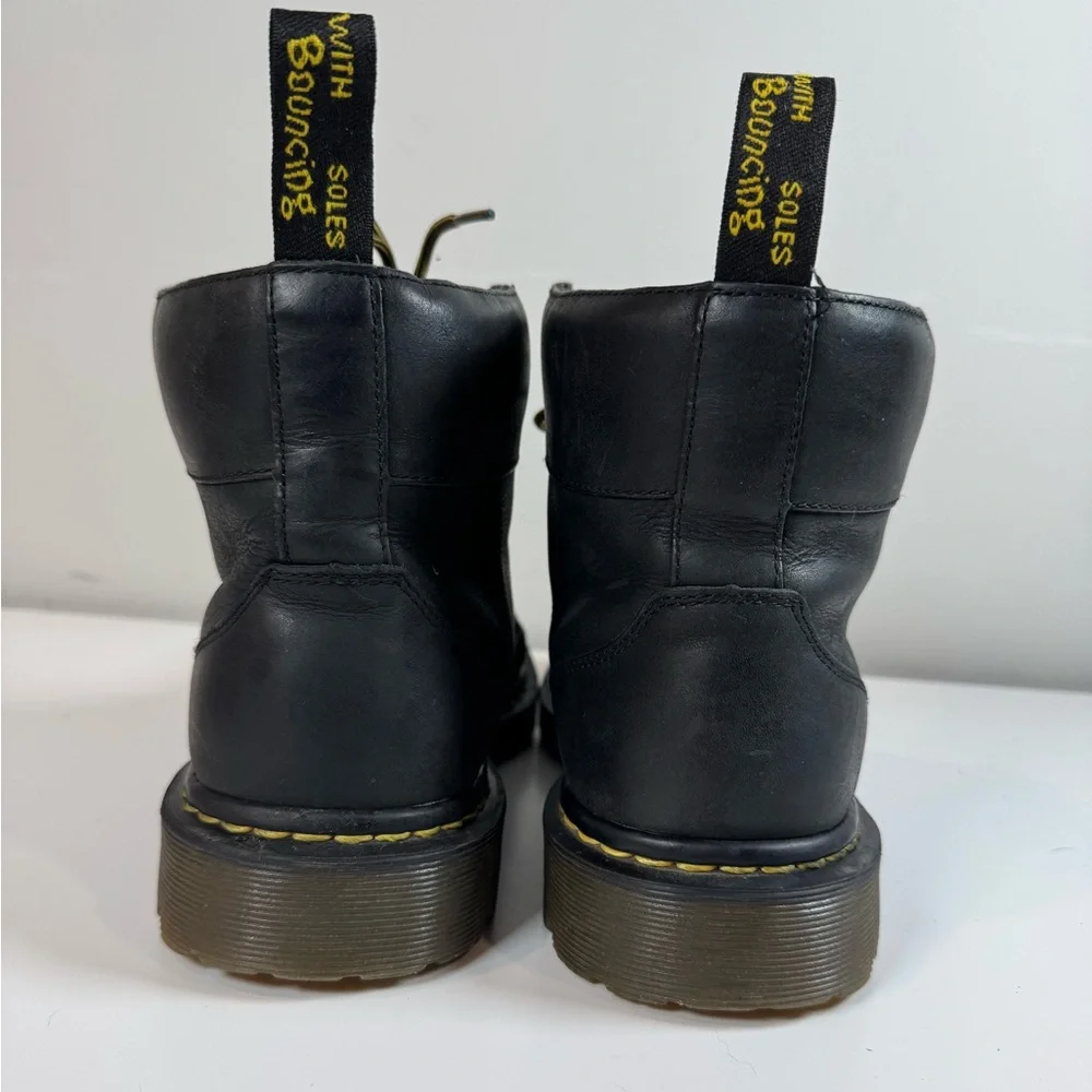 Dr. Martens Black Leather Lace-Up Combat Boots with Yellow Accents